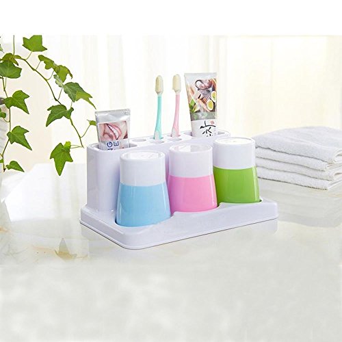 Bathroom Toothbrush Toothpaste Stand Organizer Plastic Storage Rack Set (3 Cups) (Blue+Pink+Green) - color: Blue+pink+green