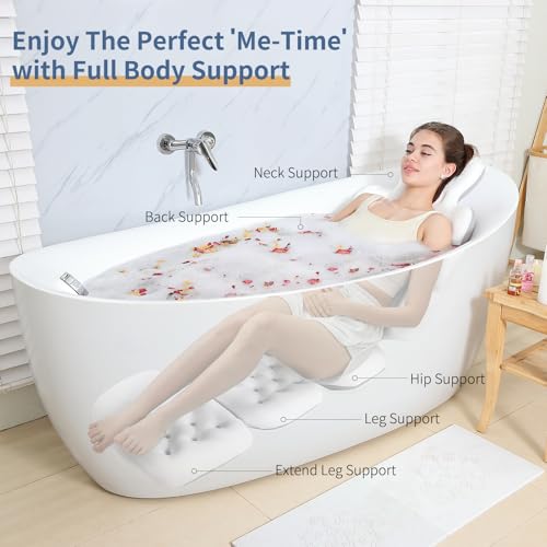 Luxury Bath Cushion, Full Body Bathtub Pillow with 160 Suction Cups, Bath Mat for Head and Neck Support, with Laundry Bag (White, 60" x 16") - color: White, size: 60" X 16"
