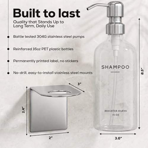 Clear Shampoo and Conditioner Dispenser Set Wall Mounted by Brighter Barns - Wall Mounted Shower Shampoo Dispenser for Shower Wall - Refillable Shower Soap Bottles 3 Chamber No Drill (Clear/Silver) - color: Modern (Clear Silver)