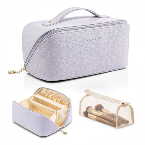 VLANDO Makeup Bag,Travel Toiletry Bag,Cosmetic Bag for Women PU Leather Portable Make up Bag for Skincare, Brushes & Travel Essentials-Purple - color: 08-Purple
