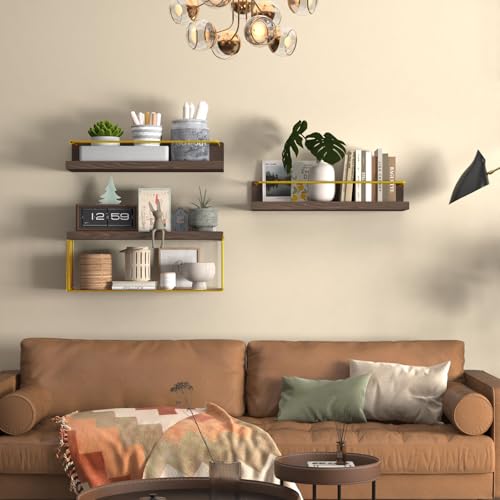 PopiShelves Bathroom Shelves Over Toilet for Wall, Floating Shelves with Storage Basket Paper Holer for Kitchen Living Room, Bedroom & Classroom, Set of 3 (Brown and Gold) - color: Brown and Gold, size: 15.7"
