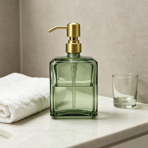 Green Glass Soap Dispenser Square 13.5 oz Hand Soap Dispenser | Rectangular, Rust Proof Stainless Steel Pump, Refillable, For Bathroom Vanity & Kitchen Countertop - color: Green Bottle and Brushed Gold Pump, size: 13.5oz-Square