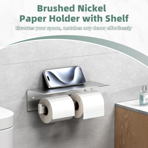 APLusee Double Toilet Paper Holder with Shelf, 304 Stainless Steel Brushed Nickel Bathroom Tissue Holder, Commercial Paper Roll Dispenser Wall Mounted - color: Brushed Nickel, size: Double Rod
