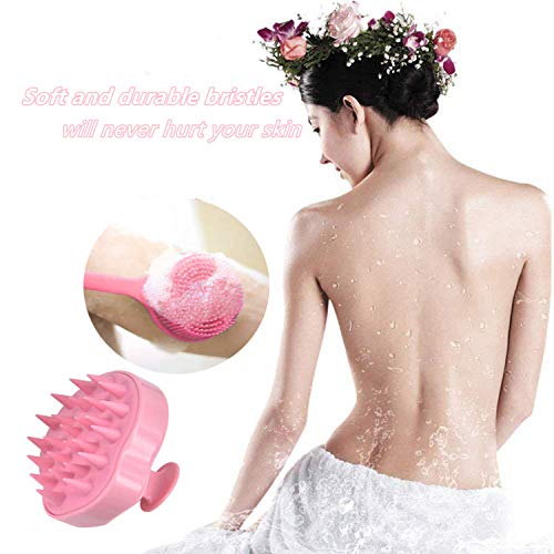 Silicone Body Scrubber & Scalp Massager, Long Handle Shower Brush, Exfoliating Scrubber for Men, Women & Kids - color: Pink