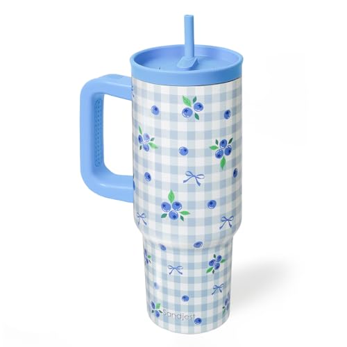 SANDJEST Blueberry Stainless Steel Locking Lid Silicone Straw Tumbler with Handle 40oz, Insulated Stainless Steel Travel Cup for Women Girls Friends, Gift Idea for Birthday Christmas - color: Blueberry