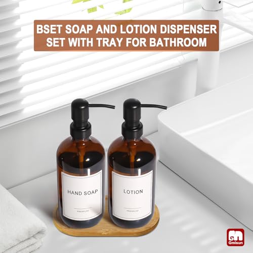 GMISUN Amber Glass Soap Dispenser, 2 Pack Bathroom Hand Soap Dispensers with Bamboo Tray, 17 Fl Oz Kitchen Hand and Dish Soap Dispenser Set, Modern Vintage Liquid Brown Soap Dispensers Bottle - color: Amber Bottle + Black Pump + Bamboo Tray, size: 2 Pack