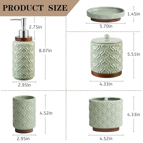 RQYIXI Elegant 5 PCS Ceramic&Wood Bathroom Accessories Set:Soap Dispenser,Toothbrush Holder,Tumbler,Soap Dish,Cotton Swab Jar,Easy to Clean,Quatrefoil Pattern,Green-Affordable Home Luxury - color: Green-5pcs