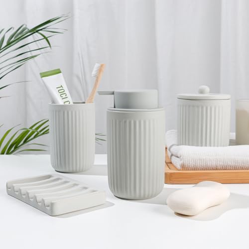 BosilunLife Light Grey Bathroom Accessories Set - Ceramic Bathroom Counter Soap Set Bathroom Decor Sets Accessories Bathroom Foam Soap Dispenser and Toothbrush Holder Set, Soap Dish, Apothecary Jars - color: Light Grey-foam