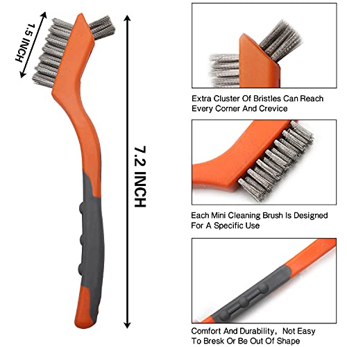Wire Brush Set 5PCS, Nylon/Brass/Stainless Steel/Carbon Steel Bristles Wire Scratch Brush with Curved Rubber Handle for Cleaning Rust, Corrosion, Dirt, Paint Scrubbing, Deep Detailing Cleaning, Orange