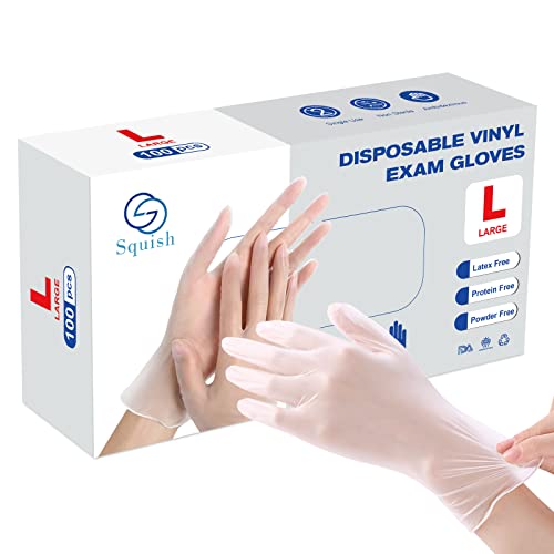 squish Disposable Gloves, 100 Count 4 mil Clear Vinyl Gloves Latex Free Powder-Free Health Glove Cleaning Rubber Glove for Kitchen Cooking Cleaning Food Handling, Large - size: Large (Pack of 100)