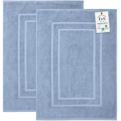 Feather & Stitch 2 Piece Towel Like Bath Mats (30x21 Inch) 100% Cotton Terry Bath Mats, Bathroom Shower Floor Mats [NOT A Bathroom Rug], Soft Absorbent Washable Mats - Pool Blue - color: Pool Blue
