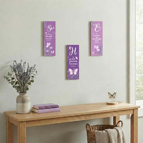 3Pcs Purple Christian Motivational Wooden Wall Decor for Women Purple Butterfly Wall Art Bible Verse Inspirational Home Decor Wooden Signs Religious Housewarming Gifts for Mom Bedroom & Office - style: Purple Christian