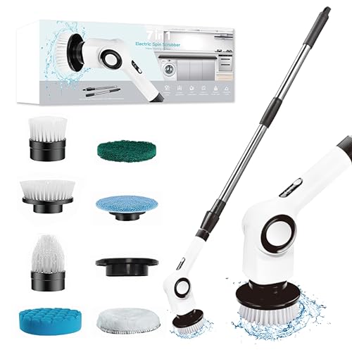 Electric Spin Scrubber, Electric Cleaning Brush, Multifunctional 360 Automatic Rotation Cordless Spin Scrubber with 7 Replaceable Brush Heads for Cleaning Bathroom Kitchen and Floor