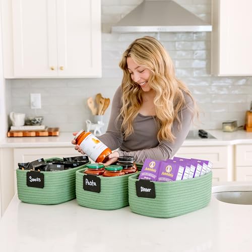 NaturalCozy 13.5”x8.5”x5.5” Rectangle Storage Baskets for Shelves 3 Pack | Cotton Rope Woven Small Baskets for Organizing | Small Storage Bins for Nursery, Bathroom, Closet, Shelf, Decorative - color: Green, size: 13.5" x 8.5" x 5.5"