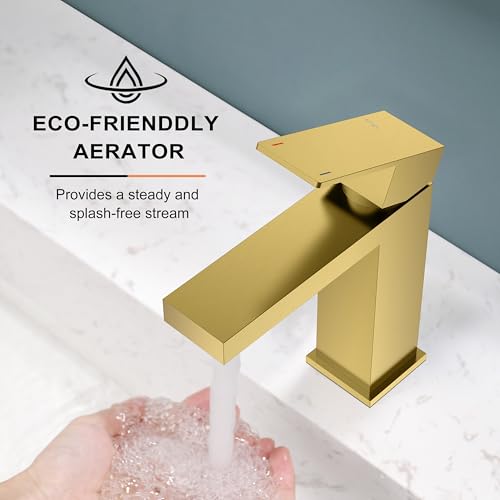 KENES Brushed Gold Bathroom Faucets, Modern Single Hole Lavatory Vanity Faucet, Single Handle Bathroom Sink Faucet Gold, with Pop Up Drain & Water Supply Hoses LJ-9031-4 - color: Gold, size: Short