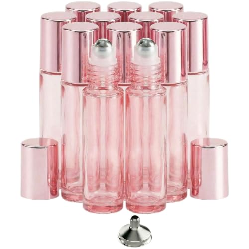 PrettyCare 12 Pack, 10 ml Essential Oil Roller Bottles with Stainless Steel Roller Ball - Refillable Leak-proof Empty Thick Pink Glass Roll on Bottles with Pink Caps for Travel, Perfume - color: Pink with Pink Cap, size: 12 Pack