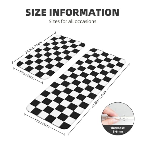 Black and White Checkered Kitchen Rugs Microfiber Floor Mats Checkerboard Cushioned Carpet Runner Rug for Laundry Bathroom Living Room, 2 Piece Set 17"X 47" + 17"X 30" - color: Black and White Checkered