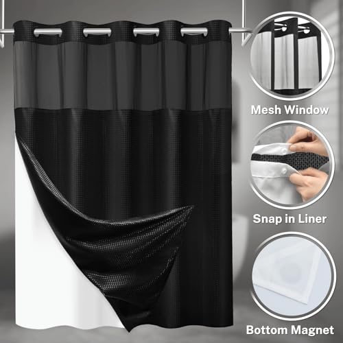 SORTTO No Hook Shower Curtain with Snap in Liner Set Waffle Shower Curtain for Bathroom Hotel Style Fabric Waterproof Inner Liner，36" W x 74" H, Black - color: A - Black, size: 36"W x 74"L (Pack of 1)
