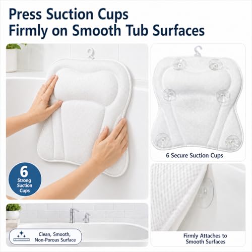 Bath Pillow Bathtub Pillow, Bath Tub Pillows for Head and Neck, Bath Tub Pillow Headrest with Soft Air Mesh Fabric & Strong Suction Cups, Relaxing Bath and Spa Accessories(White)
