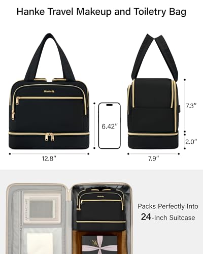 Hanke Travel Toiletry Bag, Lightweight Wide-open Large Toiletry Bags for Women, Dual-Layer Makeup Bag Water-Resistant Cosmetic Travel Bag with Handle for Accessories, Essentials, Black - color: Black