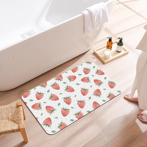 Diatomaceous Bathroom Rugs,Pink Strawberry Bathroom Decor,Sweet Fruits Non Slip Bath Mat,Quick Dry Easy to Clean Care Shower Rug for Home Dorm Low Profile Floor Mat 17 X 29.5 Inch - color: Pink Strawberry