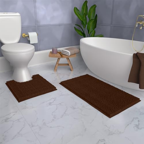 LuxUrux Bathroom Rugs Sets 2 Piece: Quick Dry, Soft Plush Anti-Slip, Super Absorbent. Includes Rectangular (31x20 inches) & U-Shaped Toilet Mat (20x20 inches) | Brown - color: Brown, size: 2 Piece Set