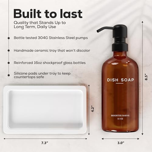 Amber Glass Hand and Dish Soap Dispenser Set by Brighter Barns - Kitchen Soap Dispenser Set with Tray for Kitchen, Airbnb, Vacation Rental or Restaurant - Modern Kitchen Decor & Accessories (Amber) - color: Amber Hd