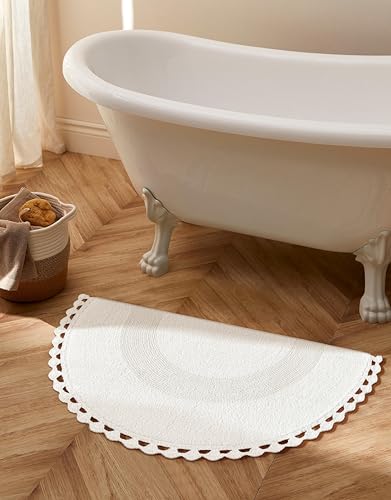 Savi Home Half Moon Circle Bohemian Bathroom Rug with Handwoven Chrochet Border, Beautifully Handcrafted 100% Cotton Mat - 22x42, Half Round Bedroom Rug, Boho Bathroom Décor,Machine Washable -White - color: White, size: 1'10" x 3'6" (Semicircular)