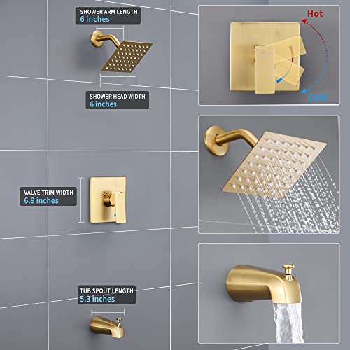 Esnbia Shower Tub Kit, Tub and Shower Faucet Set（Valve Included) with 6-Inch Rain Shower Head and Tub Spout, Single-Handle Tub and Shower Trim Kit,Brushed Gold - color: Brushed Gold, style: with tub spout
