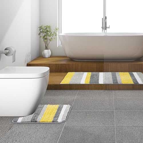 MIULEE Yellow Grey Bathroom Toilet Rugs U-Shaped, Soft Thick Microfiber Striped Contour Rugs, Non Slip Absorbent Fluffy Plush Machine Washble Quick Dry, 20x20 Inch - size: 20''x20'' U-shape