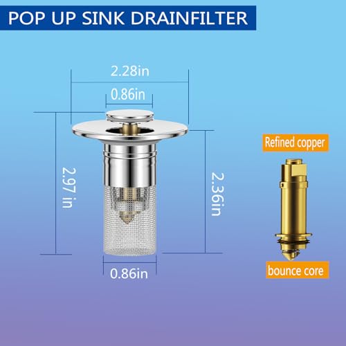 3 in 1 Sink Drain Strainer with Hair Catcher,2PCS Stainless Steel Popup Sink Stopper with Basket for US Bathroom Sink Stopper Replacement,Pop-up Bounce Core Floor Basin Drain Filter