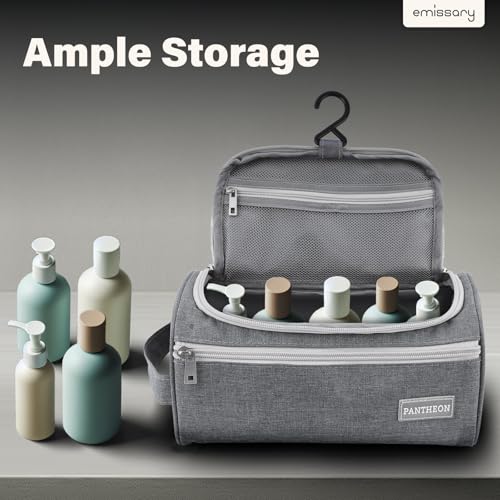 emissary Hanging Travel Toiletry Bag for Men, Dopp Kit - Gray | Built-in hook, waterproof wipe-clean lining, clear & mesh pockets; men's travel toiletry organizer, folds flat - color: Gray