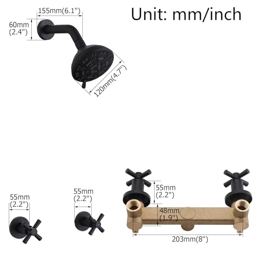 2 Handle Shower Faucet,Wall Mounted Two Handles Shower Faucet Set with 8 Modes Rainfall Shower Head,2 Knobs Single Function Shower Trim Kit with Rough-in Valve,Matte Black - color: Matte Black, style: 2 Handles-Single Function