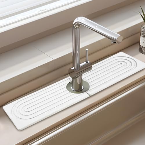 Jiozermi 23.6 Inch Diatomite Faucet Mat for Kitchen Sink, Diatomite Stone Sink Tray Faucet Sink Splash Guard Sink Faucet Absorbent Mat for Kitchen Bathroom Fucet Sink(23.6" x 3.9",White) - color: White, size: 23.6" x 3.9"