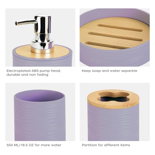 4 PCS Lavender Bathroom Accessories Set, Includes a Soap Dispenser, Toothbrush Holder, Soap Dish and Mouthwash Cup, Plastics & Bamboo Bathroom Set, Bohemian Style Bathroom Sink Set - color: Lavender Purple, size: 4 PCS
