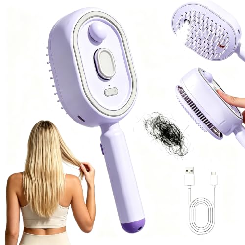New Electric Mist Air Cushion Massage Brush, 5-in-1 Anti-Tangle Hair Comb for Dry Frizzy Hair, Self-Cleaning Shine Boost Hair Care Brush for Ladies (Purple) - color: purple-