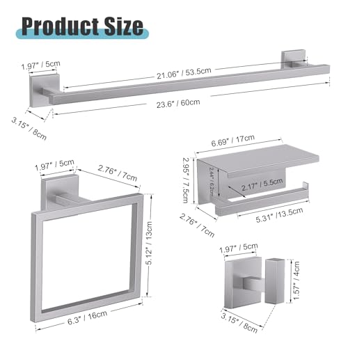 YACVCL 5-Pieces Brushed Nickel Bathroom Hardware Accessories Set Towel Bar Set Upgraded Toilet Paper Holder with Shelf Stainless Steel Wall-Mounted Bathroom Hardware Set 23.6 Inch - color: Brushed Nickel, size: 5Pcs