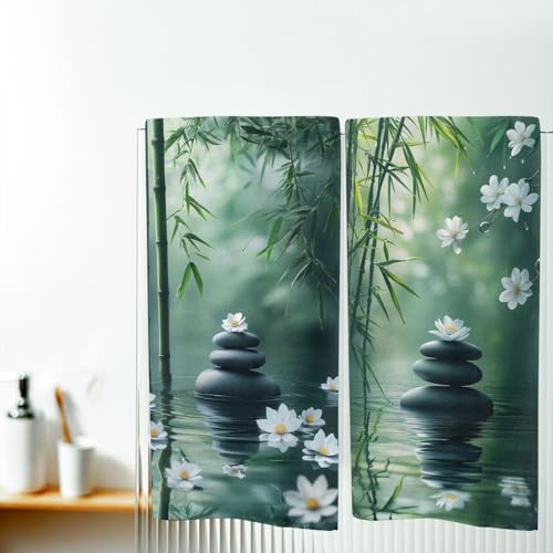 Zen Hand Towels Set of 2, Absorbent Green Bamboo Stones White Flowers Meditation Bathroom Kitchen Towels, Lightweight Breathable Face Towels for Bathroom Gym Hotel - color: Zen