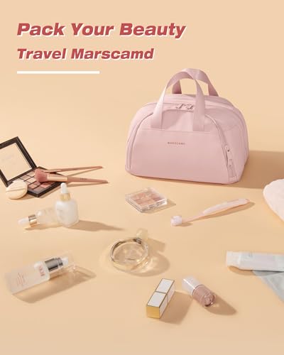Marscamd ravel Makeup Bag for Women, Lay-Flat Toiletry Organizer, Pink | Lay-flat design, waterproof wet & dry pockets, 3-section organization & lightweight carry - color: Pink