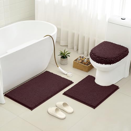 HOMEIDEAS 3 Pieces Brown Bathroom Rugs Set, Ultra Soft Non Slip Bath Rug and Absorbent Chenille Bath Mat, Includes U-Shaped Contour Rug, Bath Mat and Toilet Lid Cover Set Perfect for Bathroom - color: Brown, size: 20"x32"+U 20"x24"+Cover 18"x21"