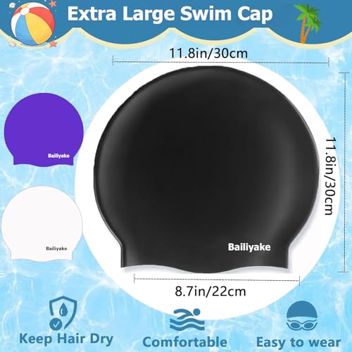 3 Pack Extra Large Swim Cap for Braids & Dreadlocks - Waterproof Silicone Swim Hat for Women with Long Thick Hair, Protective Swim Cap Cover Ears for Swimming, Shower, Bathing - color: Black+Purple+White