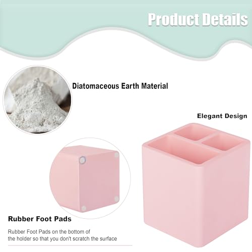 Diatomite Toothbrush Holders Tooth Brush Organizer - Blush Pink | Water-Absorbent Material, 3 Slots for Electric Toothbrush and Toothpaste, for Bathroom Countertop, Shower, Vanity - color: Pink