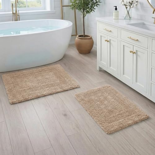 THE BEER VALLEY Set of 2 Reversible Bath Rug 21x32/17x24 Inch - Linen | Cotton Absorbent Bathmat for Bathroom, Washable Beige Toilet Throw Thick Mat - color: Linen Beige, size: 1'9" x 2'8" (Rectangular)