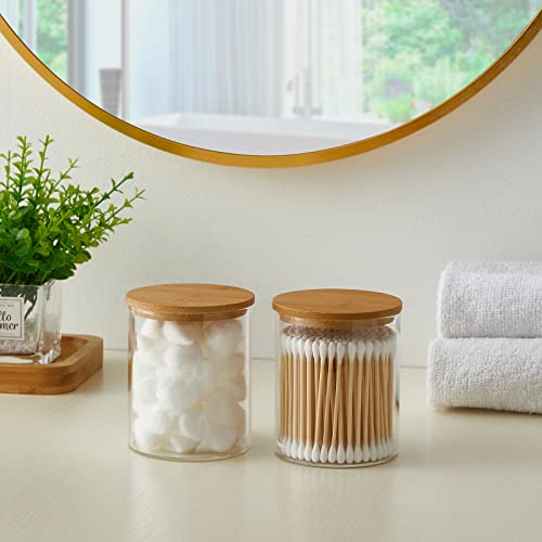 INIUNIK Glass Qtip Holder Dispenser with Bamboo Lid - 2 Pack Apothecary Jars - Cotton Balls Pads Swabs Holder Jar - Bathroom Vanity Canisters Jars for Countertop Storage and Organization - size: 2 Pack