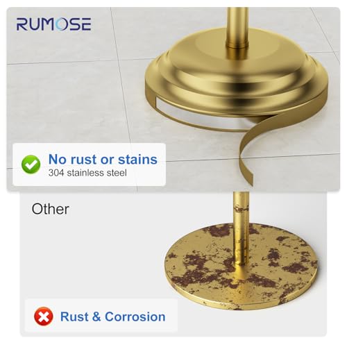 RUMOSE Toilet Paper Holder Stand for Floor, Brushed Gold Bathroom Free Standing Toilet Tissue Roll Holder with Storage, Adjustable 17-25 Inch, SUS304 Stainless Steel - color: Brushed Gold