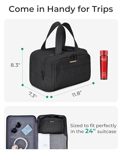 BAGSMART Travel Toiletry Bag, Lightweight Large Wide-open Travel Bag for Women, Puffy Cosmetic Makeup Bag Organizer with Handle for Accessories,Essentials, Toiletries, Black - color: Black