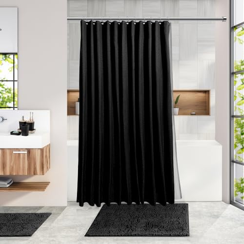Clara Clark Bathroom Accessories Set - 27PC Bathroom Set with Adhesive Corner Shower Caddy Hanging, Bathroom Sets with Shower Curtain and Rugs, Black Shower Curtain Set with Bathroom Trash Can - color: Black, size: Complete Set + Bath Rug + Shower Caddy