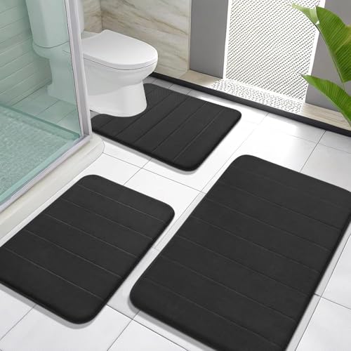 Yimobra Memory Foam Bath Mat Set 3 Pieces- Super Soft Absorbent Quick Dry Bathroom Rug Sets, Machine Washable Non Slip Floor Carpet for Tub Shower, Vanity & Toilet Base, Black - color: Black, size: 31.5''x20'' +17''x24'' + 24''x20''