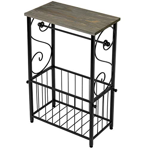 MyGift Toilet Paper Roll Holder Stand and Magazine Organizer Rack with Gray Solid Wood Display Shelf, Freestanding Bathroom Storage, Scrollwork Black Metal - color: Gray