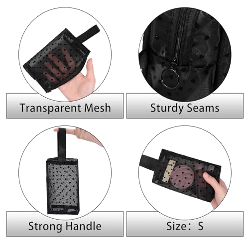 6 Pieces Zipper Mesh Makeup Bags Set, Nylon Cosmetic Bags Portable Clear Toiletry Bas Travel Organizer Bags for Office Travelling Organization (Black Heart Printed, Assorted Size) - color: Black Heart Printed